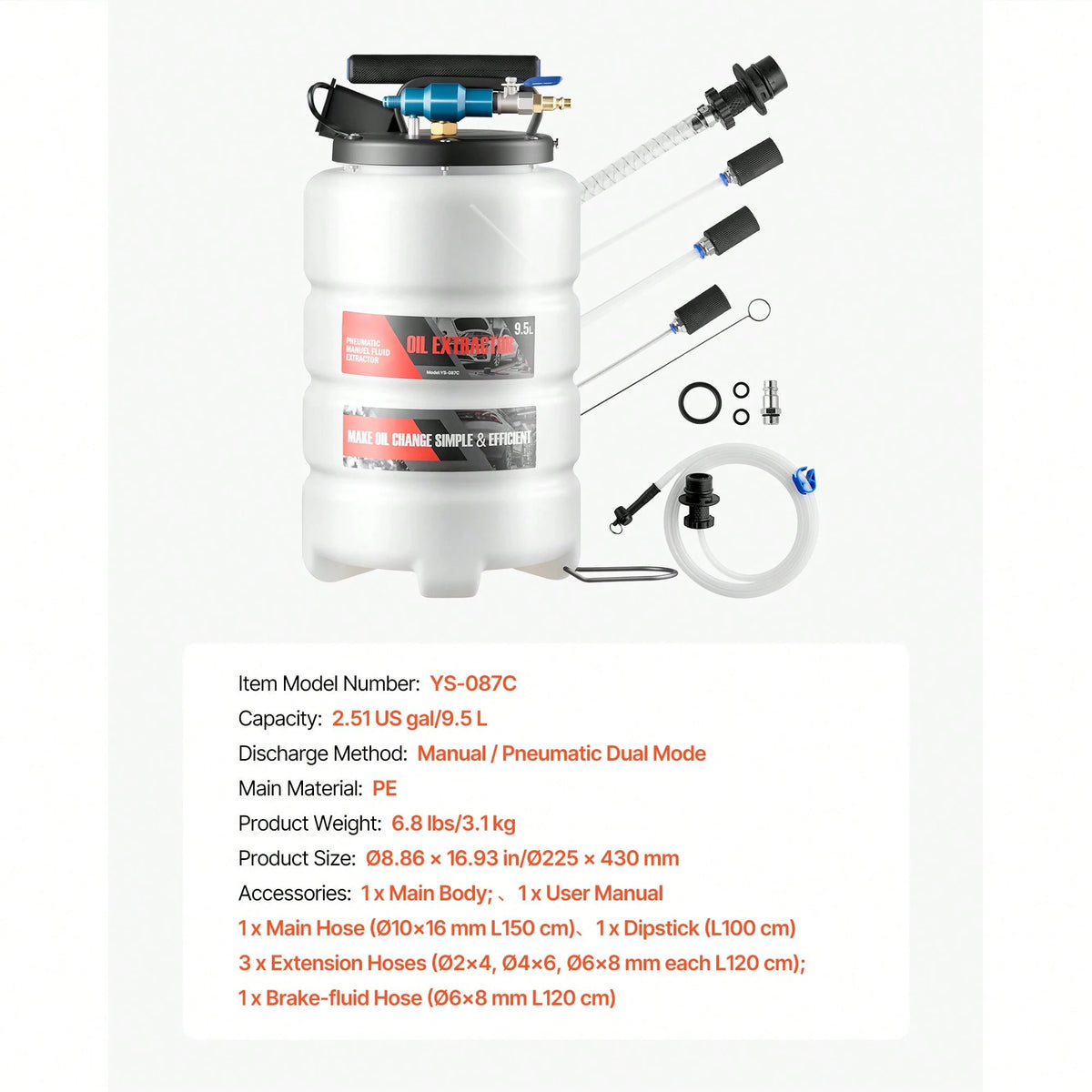 Fluid Extractor, 9.5 L Capacity, Pneumatic/Manual Vacuum Oil Extractor Pump With 59 In Long Horse & Three 47 In Extension Tubes, Oil Change Pump With PE Tank For Cars, Lawn Mowers, Boats