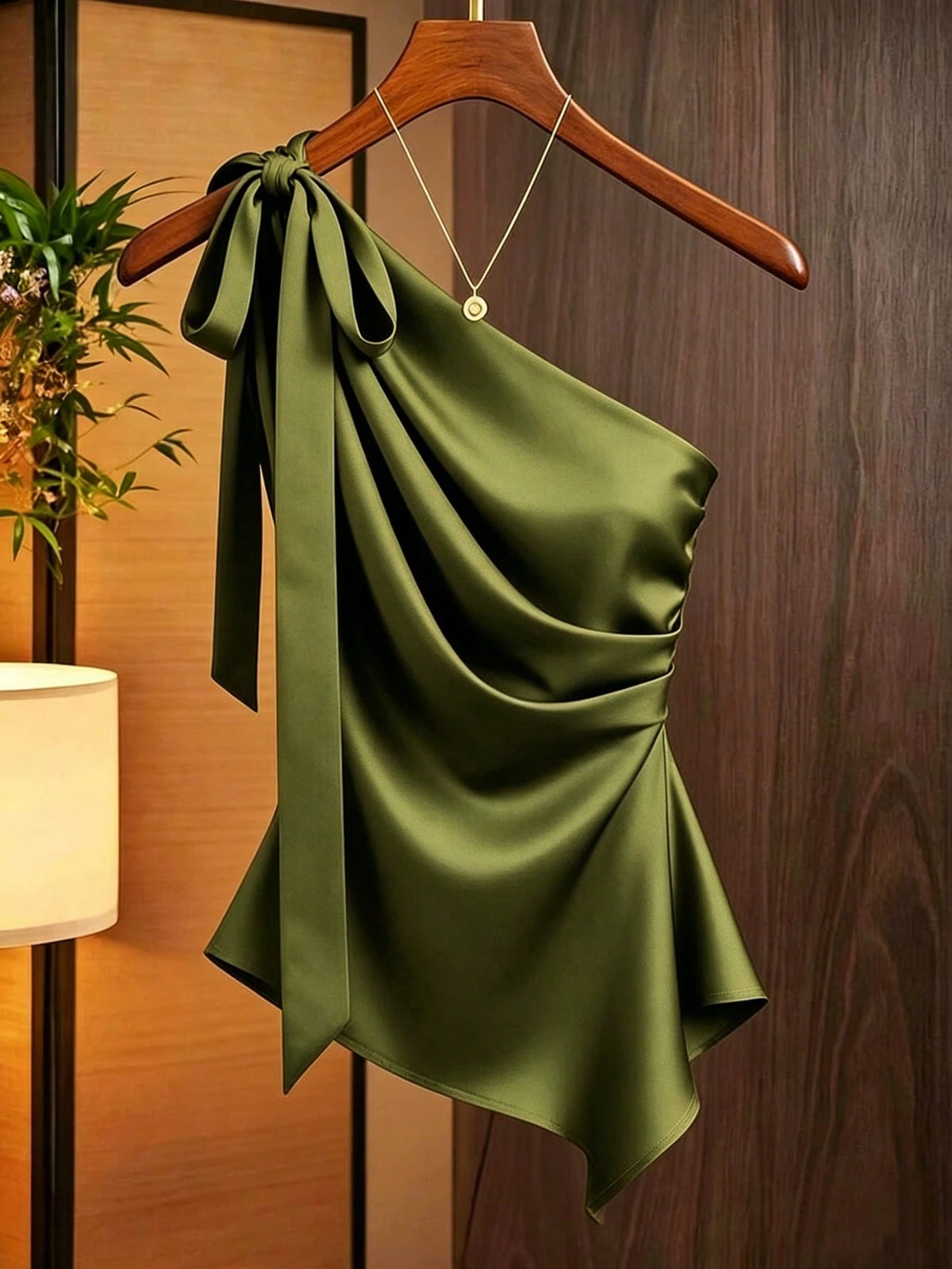 Franclia Olive Green, Summer, Elegant, Party Caramel Brown Satin Asymmetric Shoulder Bow Decor Blouse, Asymmetric Ruched Fitted Niche Design Off-Shoulder Top