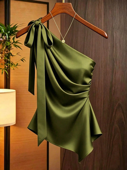 Franclia Olive Green, Summer, Elegant, Party Caramel Brown Satin Asymmetric Shoulder Bow Decor Blouse, Asymmetric Ruched Fitted Niche Design Off-Shoulder Top