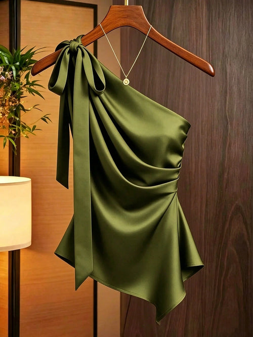 Franclia Olive Green, Summer, Elegant, Party Caramel Brown Satin Asymmetric Shoulder Bow Decor Blouse, Asymmetric Ruched Fitted Niche Design Off-Shoulder Top