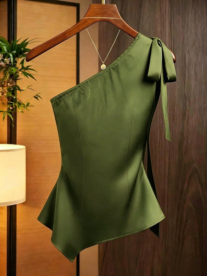 Franclia Olive Green, Summer, Elegant, Party Caramel Brown Satin Asymmetric Shoulder Bow Decor Blouse, Asymmetric Ruched Fitted Niche Design Off-Shoulder Top