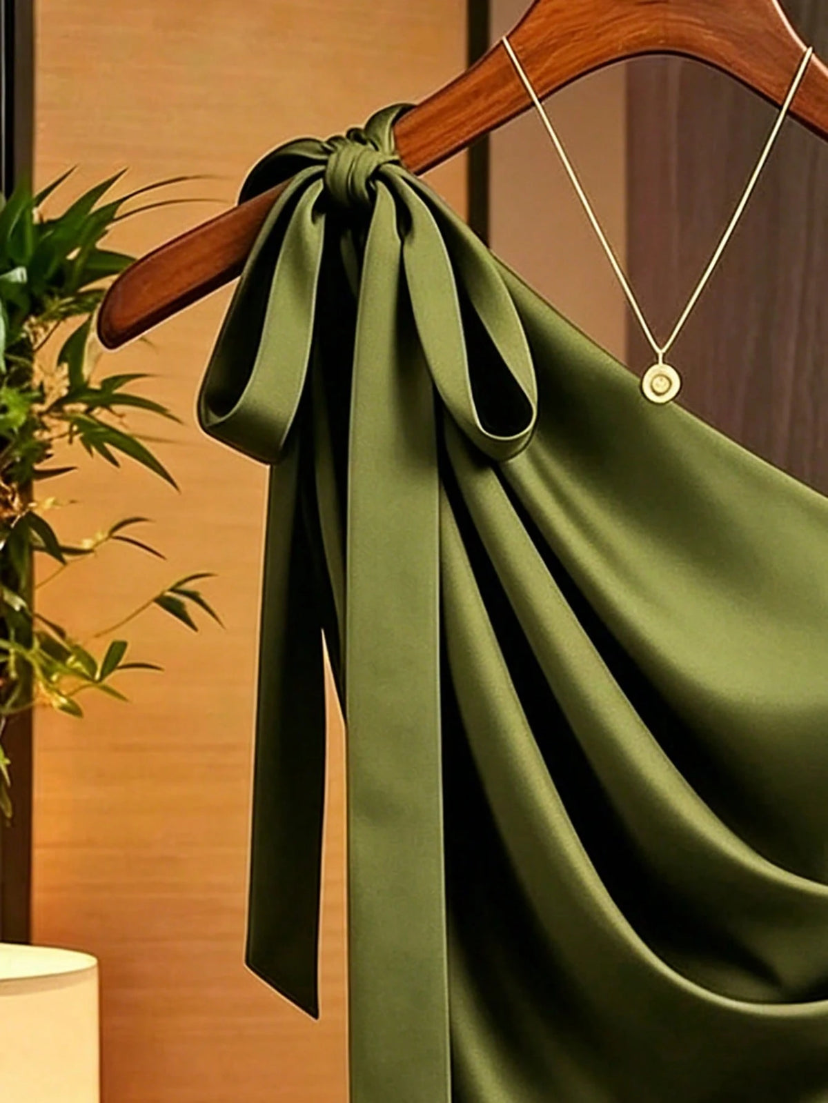 Franclia Olive Green, Summer, Elegant, Party Caramel Brown Satin Asymmetric Shoulder Bow Decor Blouse, Asymmetric Ruched Fitted Niche Design Off-Shoulder Top