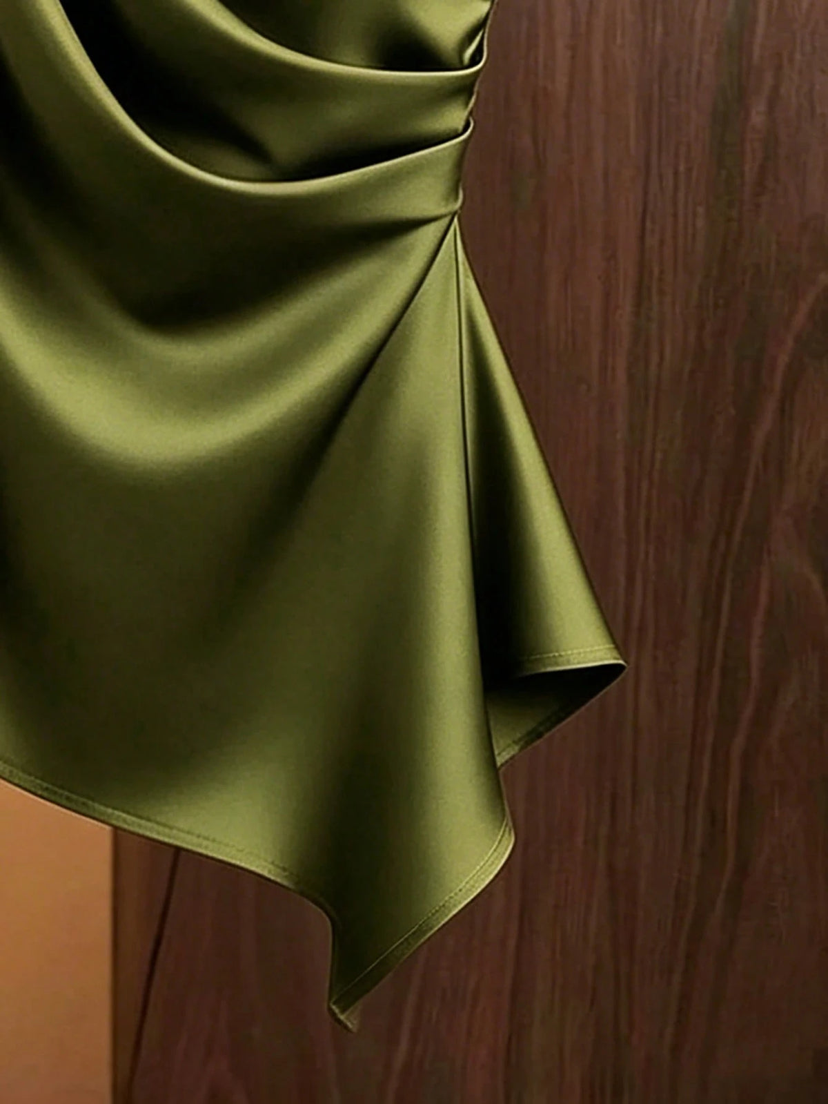 Franclia Olive Green, Summer, Elegant, Party Caramel Brown Satin Asymmetric Shoulder Bow Decor Blouse, Asymmetric Ruched Fitted Niche Design Off-Shoulder Top