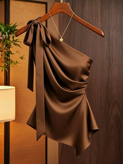 Franclia Olive Green, Summer, Elegant, Party Caramel Brown Satin Asymmetric Shoulder Bow Decor Blouse, Asymmetric Ruched Fitted Niche Design Off-Shoulder Top