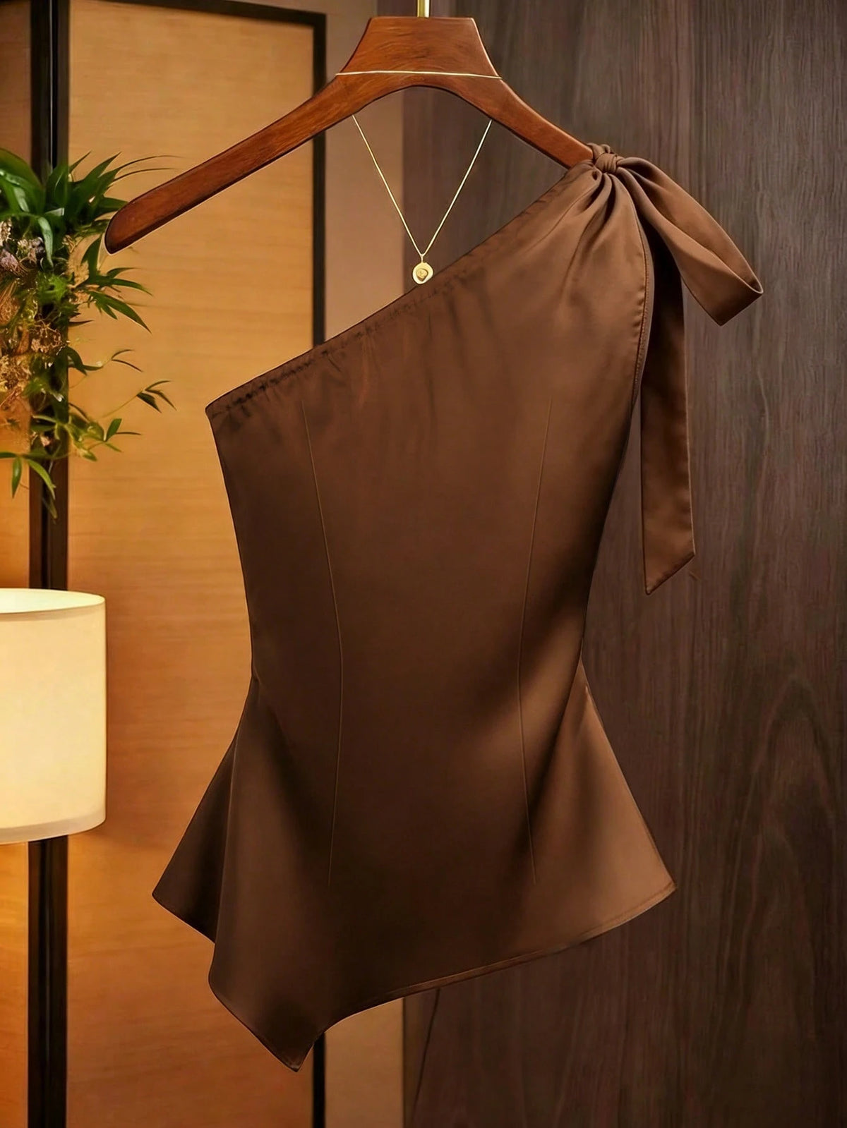 Franclia Olive Green, Summer, Elegant, Party Caramel Brown Satin Asymmetric Shoulder Bow Decor Blouse, Asymmetric Ruched Fitted Niche Design Off-Shoulder Top