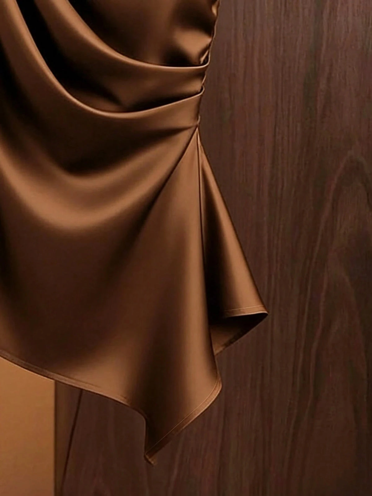 Franclia Olive Green, Summer, Elegant, Party Caramel Brown Satin Asymmetric Shoulder Bow Decor Blouse, Asymmetric Ruched Fitted Niche Design Off-Shoulder Top