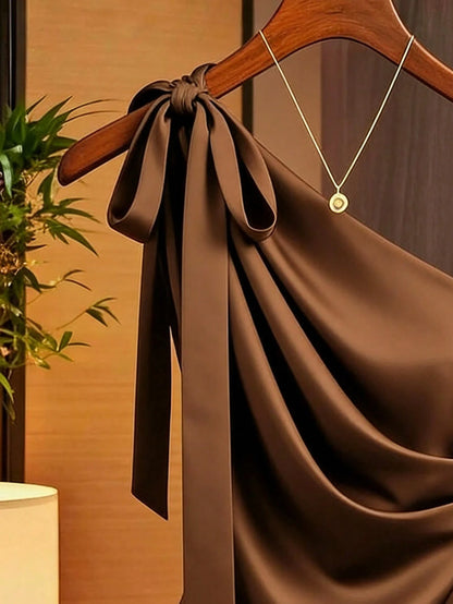 Franclia Olive Green, Summer, Elegant, Party Caramel Brown Satin Asymmetric Shoulder Bow Decor Blouse, Asymmetric Ruched Fitted Niche Design Off-Shoulder Top