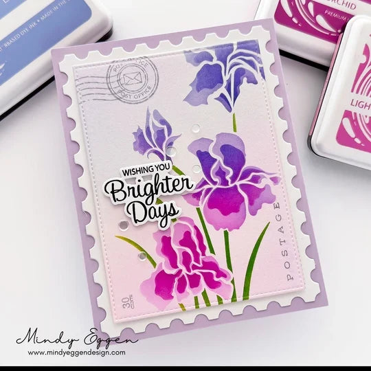 Gina K Designs - Layering Stencil - Bearded Iris. Available at Embellish Away located in Bowmanville Ontario Canada. Example by Mindy Eggen.