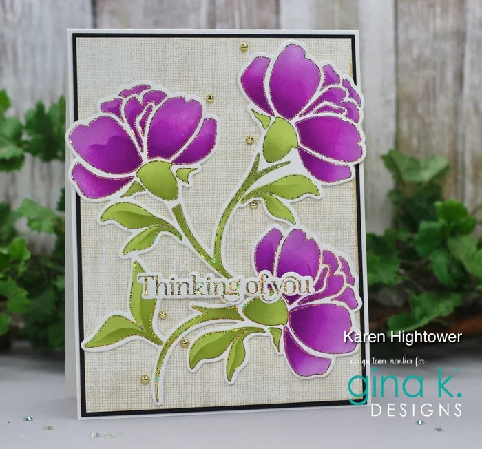 Gina K. Designs Poly-Glaze Foiling Sheets - Autumn Delight. Includes 6 sheets – 4 1/4” X 5 1/2”. At Embellish Away in Bowmanville Ontario Canada. Card example by Karen Hightower.