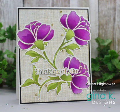 Gina K. Designs Poly-Glaze Foiling Sheets - Autumn Delight. Includes 6 sheets – 4 1/4” X 5 1/2”. At Embellish Away in Bowmanville Ontario Canada. Card example by Karen Hightower.