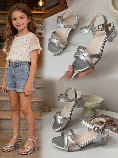 Girls' Elegant High Heel Sandals, Size 26-36| Chunky Transparent Heel And Ankle Strap| Multi-Color Metallic Shoes, Suitable For Flower Girl, Communion And Formal Occasions