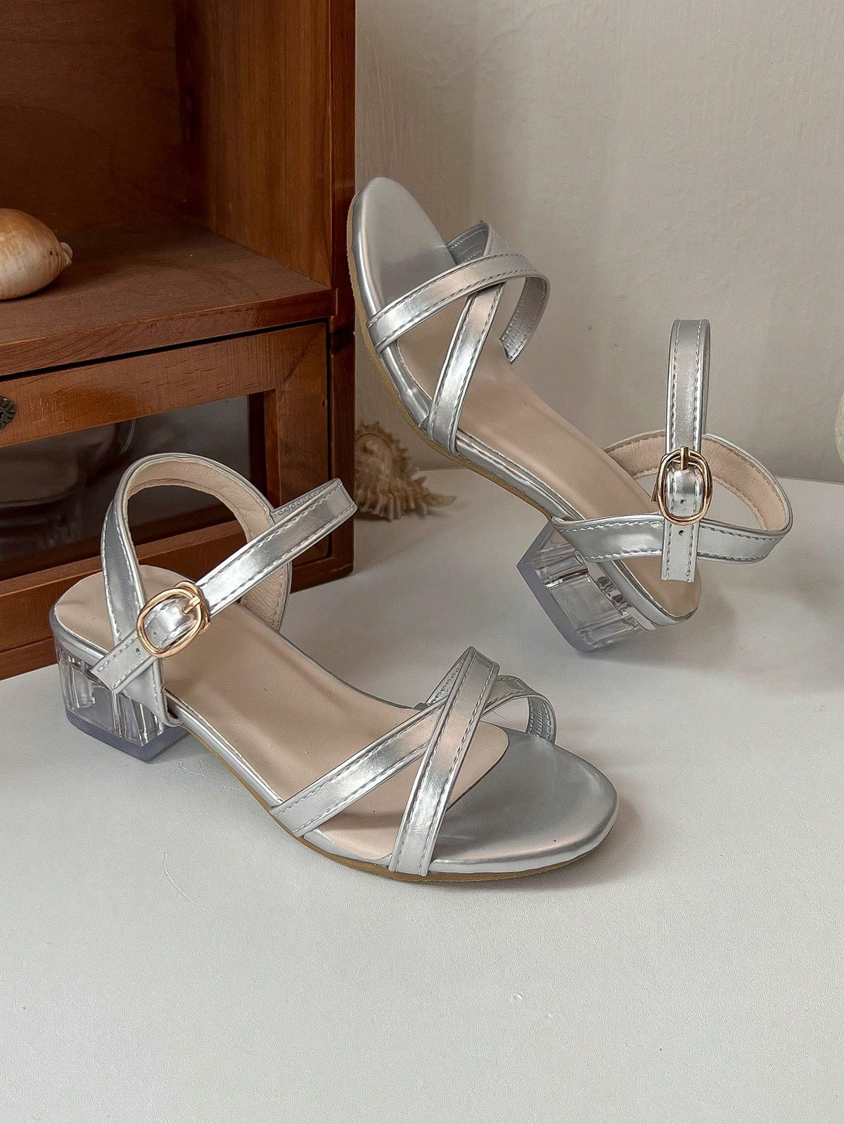 Girls' Elegant High Heel Sandals, Size 26-36| Chunky Transparent Heel And Ankle Strap| Multi-Color Metallic Shoes, Suitable For Flower Girl, Communion And Formal Occasions