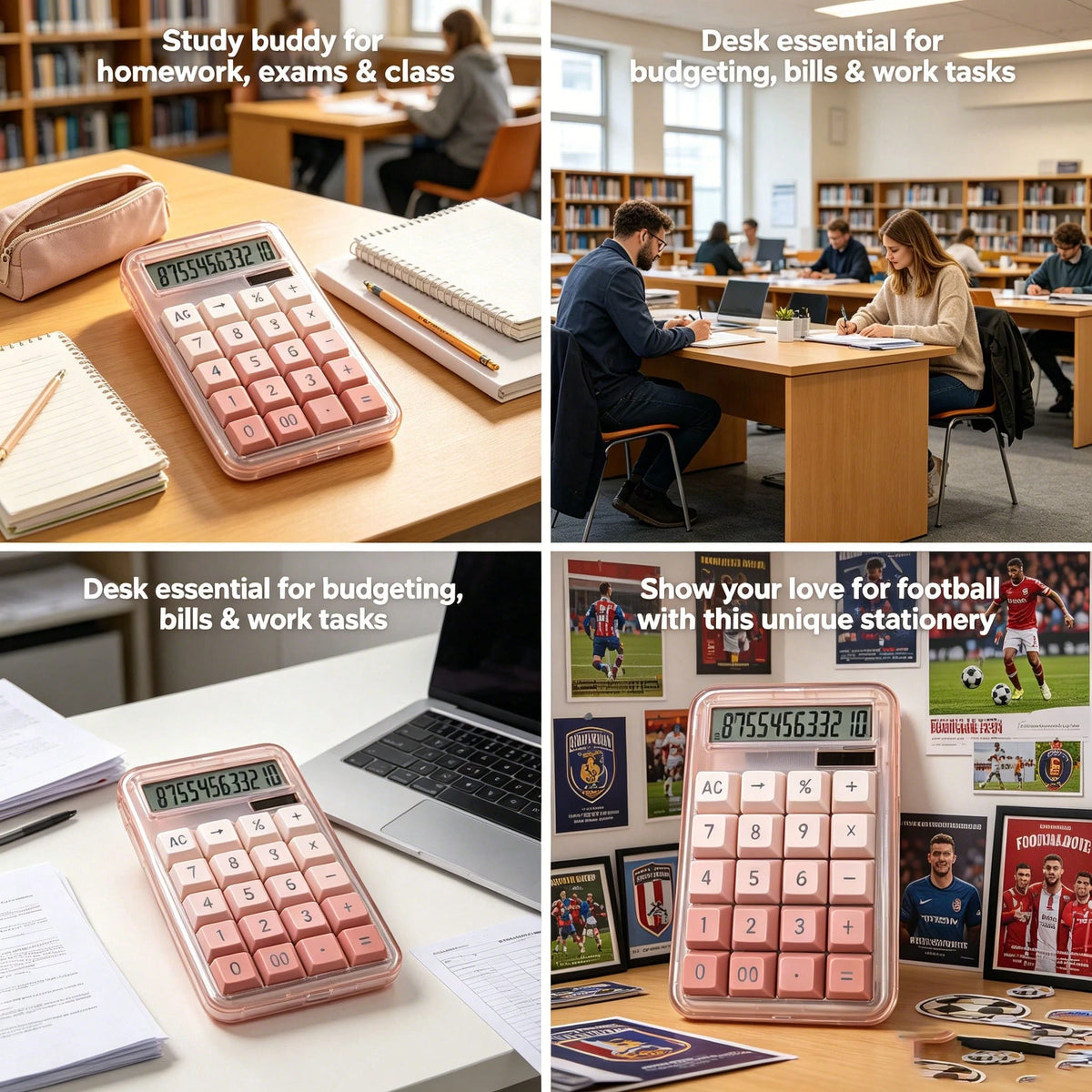 Gradient Pink Gold Rim Solar Desktop Calculator, Silent Mechanical Keys For Long-Term Accounting Without Hand Fatigue, Wide Screen Display For Clear Visibility, Solar + Battery Dual Power Supply, With