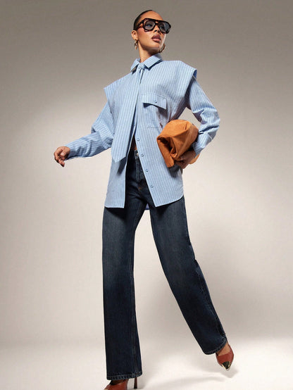 Hauture Tie Front Exaggerated Shoulder Striped Shirt