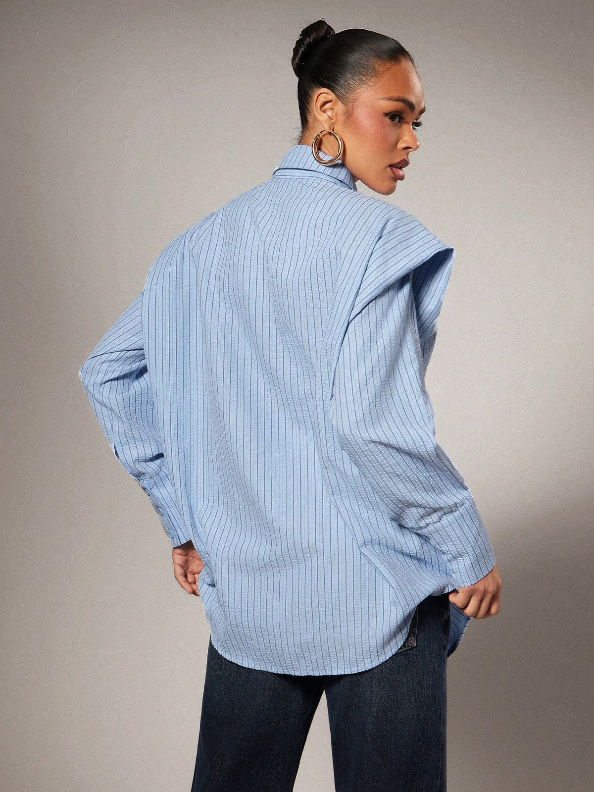 Hauture Tie Front Exaggerated Shoulder Striped Shirt