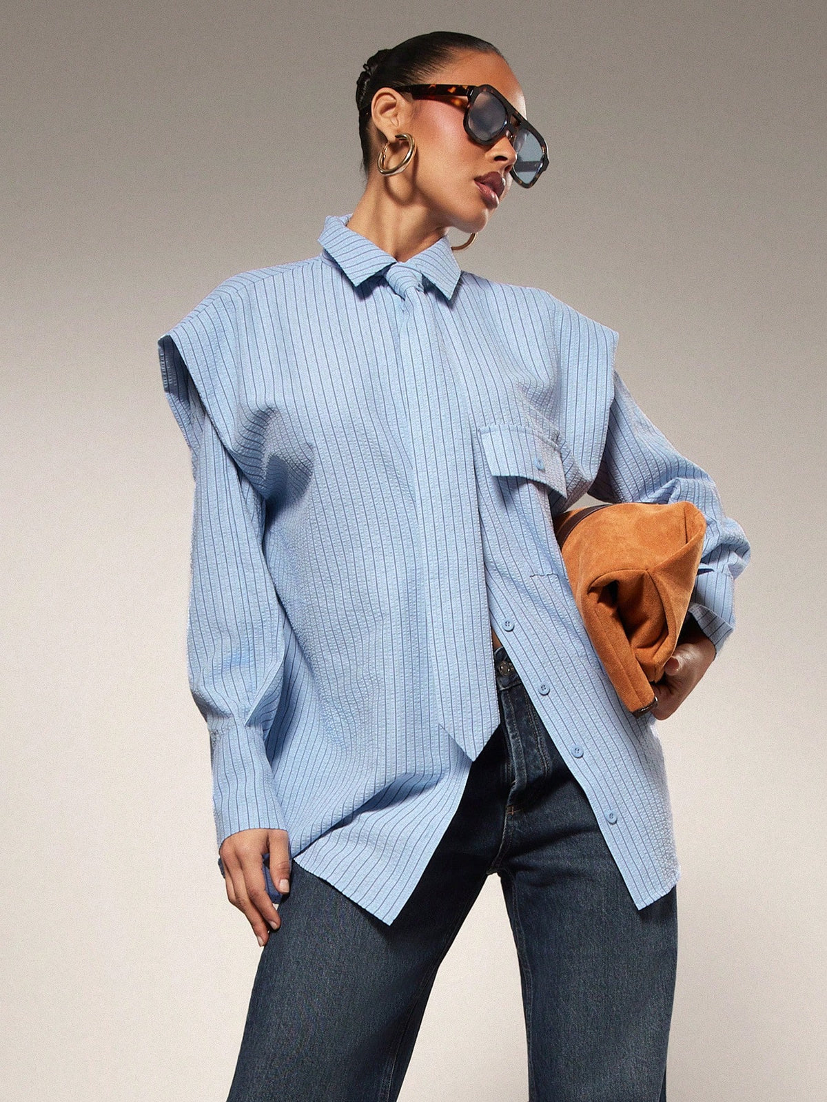 Hauture Tie Front Exaggerated Shoulder Striped Shirt