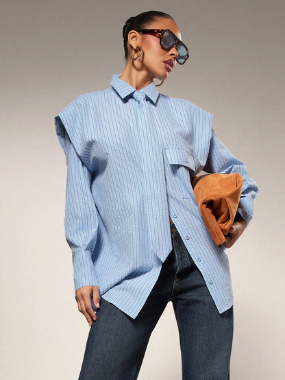 Hauture Tie Front Exaggerated Shoulder Striped Shirt