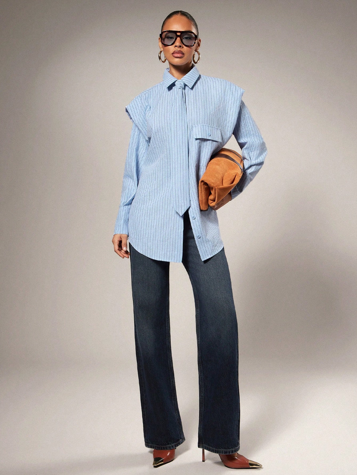 Hauture Tie Front Exaggerated Shoulder Striped Shirt