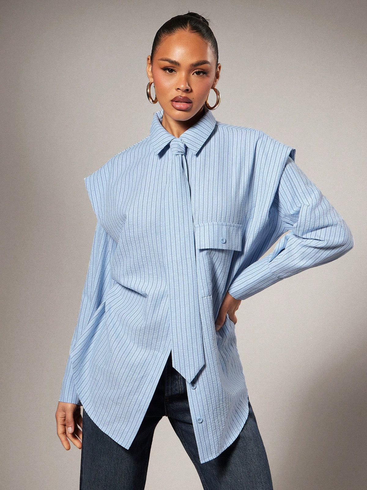 Hauture Tie Front Exaggerated Shoulder Striped Shirt