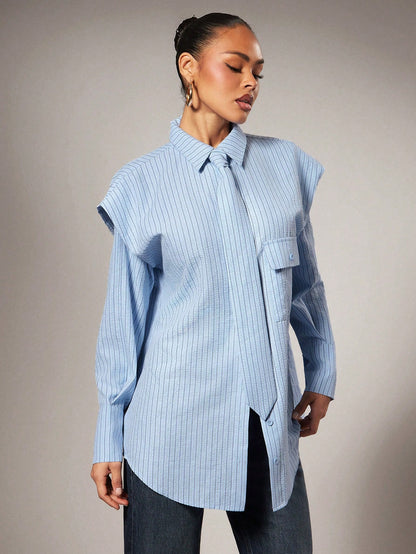 Hauture Tie Front Exaggerated Shoulder Striped Shirt