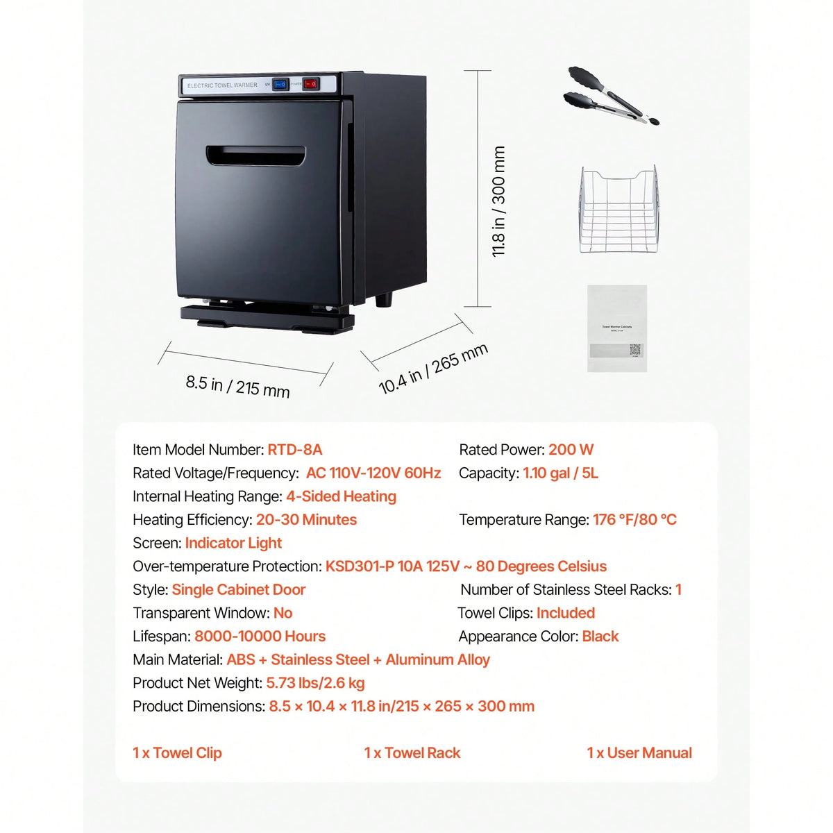 Hot Towel Warmer, 1.1 Gal Small Towel Warmer Cabinet With Clip & Stainless Steel Rack, Holds Up 8-12 Towels, Portable All-Round Heating Cabinet For Spa, Barber, Manicures, Massage, Salon, Black