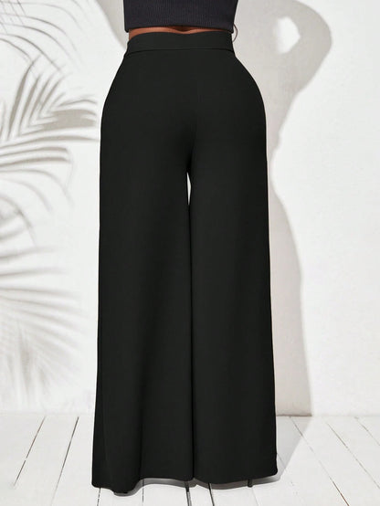 Lady Women's Solid Color Simple Daily Split Hem Long Pants,Ladies Late Fall Casual Thigh High Waist Wide Leg Extra Black Regular Fit Women Wear