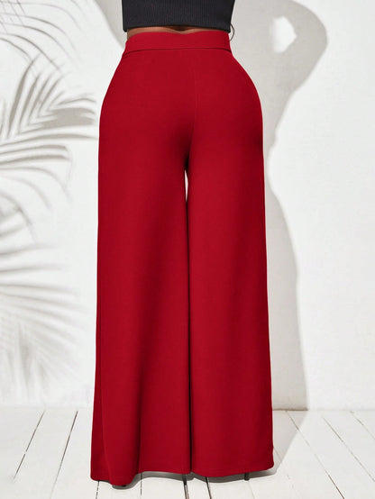Lady Women's Solid Color Simple Daily Split Hem Long Pants,Ladies Late Fall Casual Thigh High Waist Wide Leg Extra Black Regular Fit Women Wear
