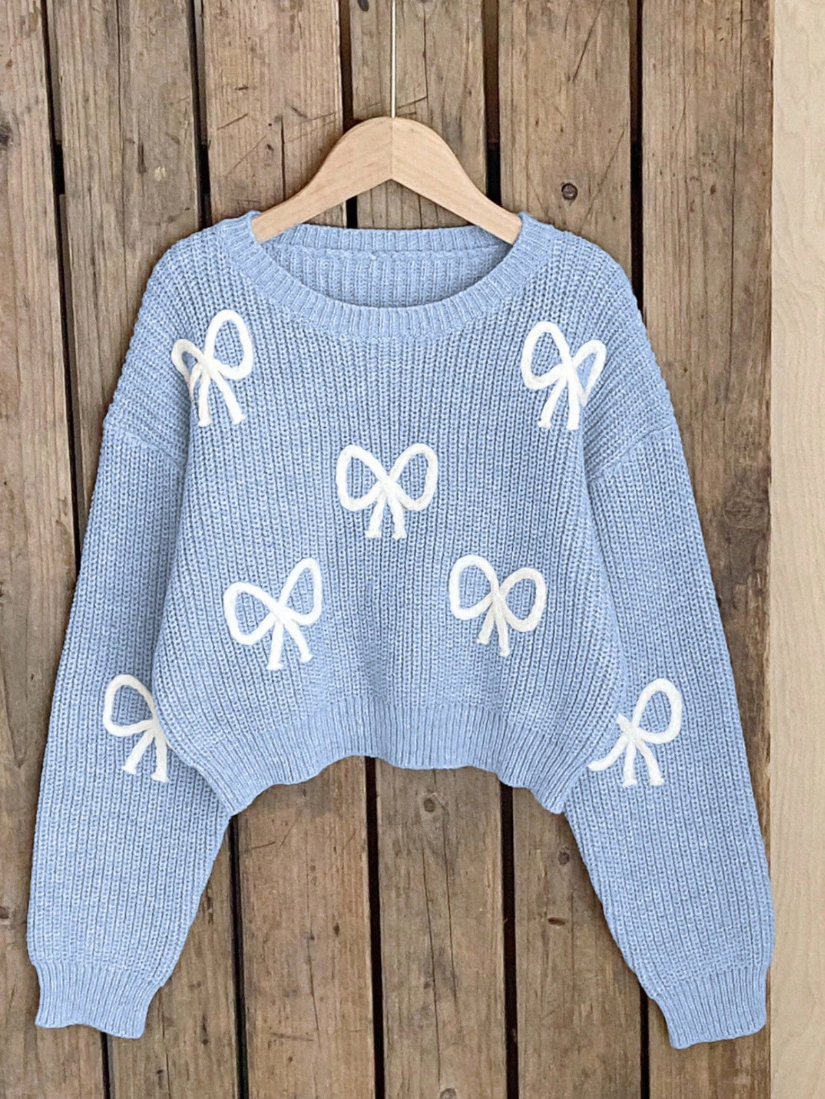 Light Blue And White Cute Bow Knit Pullover Sweater, Autumn Holiday Back-To-School Fashionable Tween Girl Jumper Pastel Fall Winter Tops