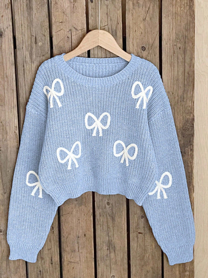 Light Blue And White Cute Bow Knit Pullover Sweater, Autumn Holiday Back-To-School Fashionable Tween Girl Jumper Pastel Fall Winter Tops