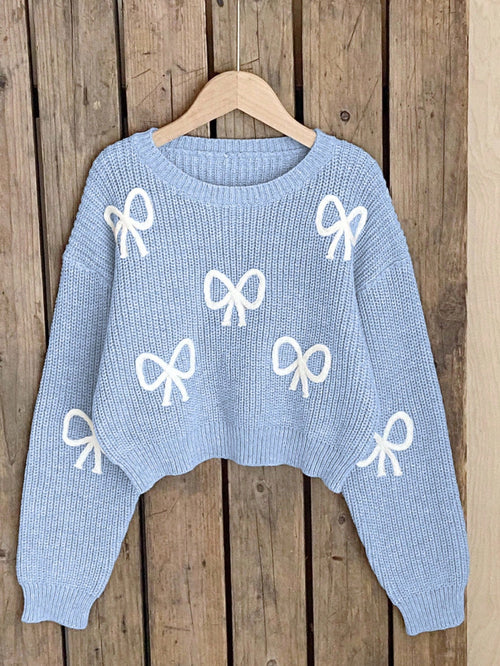 Light Blue And White Cute Bow Knit Pullover Sweater, Autumn Holiday Back-To-School Fashionable Tween Girl Jumper Pastel Fall Winter Tops