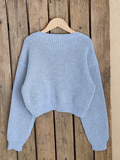 Light Blue And White Cute Bow Knit Pullover Sweater, Autumn Holiday Back-To-School Fashionable Tween Girl Jumper Pastel Fall Winter Tops