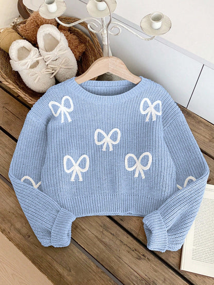 Light Blue And White Cute Bow Knit Pullover Sweater, Autumn Holiday Back-To-School Fashionable Tween Girl Jumper Pastel Fall Winter Tops