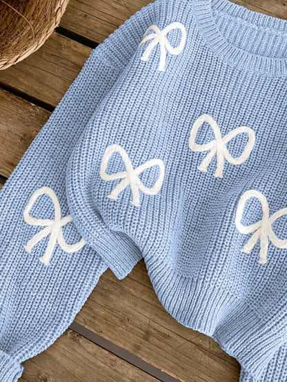 Light Blue And White Cute Bow Knit Pullover Sweater, Autumn Holiday Back-To-School Fashionable Tween Girl Jumper Pastel Fall Winter Tops