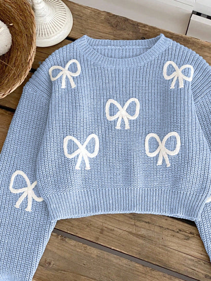 Light Blue And White Cute Bow Knit Pullover Sweater, Autumn Holiday Back-To-School Fashionable Tween Girl Jumper Pastel Fall Winter Tops