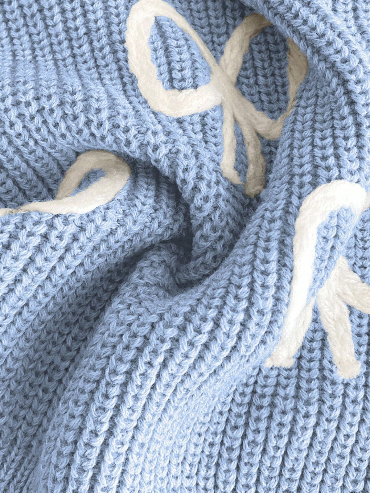 Light Blue And White Cute Bow Knit Pullover Sweater, Autumn Holiday Back-To-School Fashionable Tween Girl Jumper Pastel Fall Winter Tops