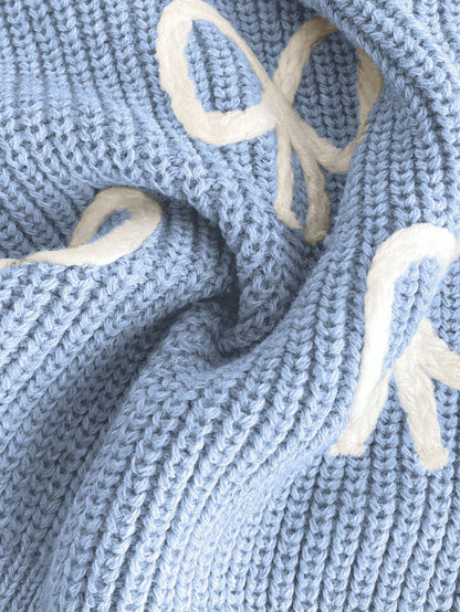Light Blue And White Cute Bow Knit Pullover Sweater, Autumn Holiday Back-To-School Fashionable Tween Girl Jumper Pastel Fall Winter Tops