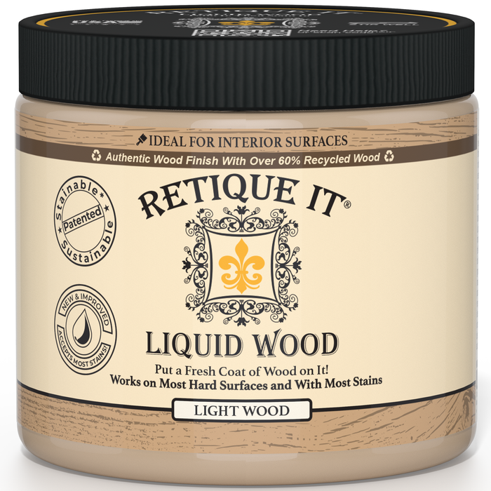 Retique It Liquid Wood Light interior paint in a container, showcasing the wood-like finish and branding on the label.