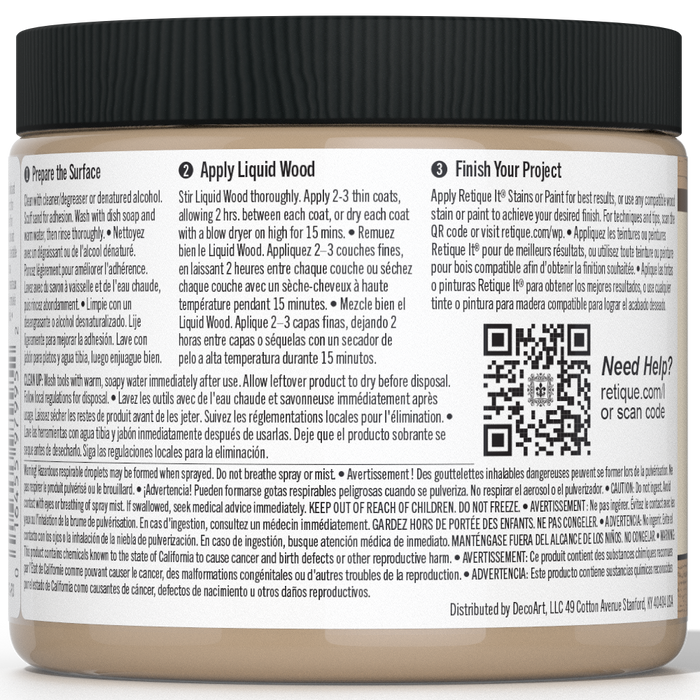 Retique It Liquid Wood interior paint in 16oz Light color, showing the smooth, wood-like finish on a surface.