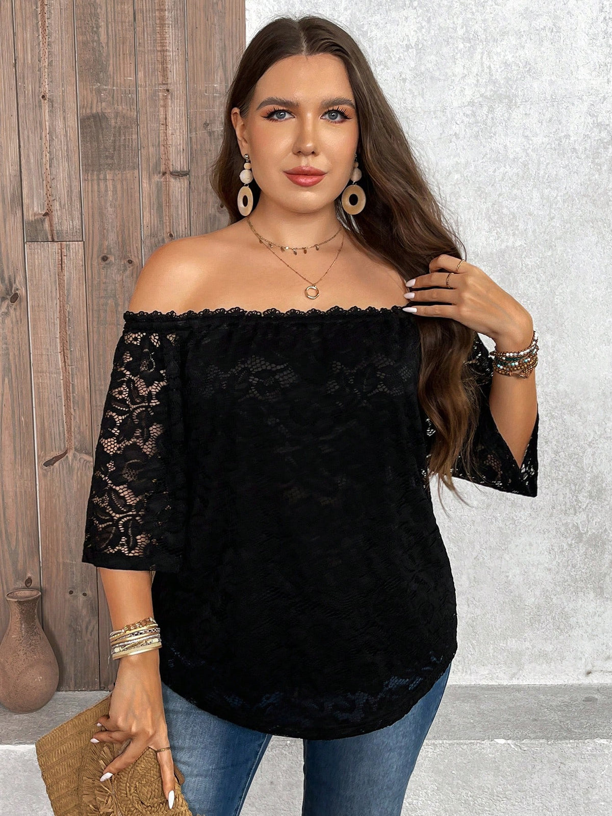 LUNE Plus Size Black Lace Off Shoulder Blouse Fall