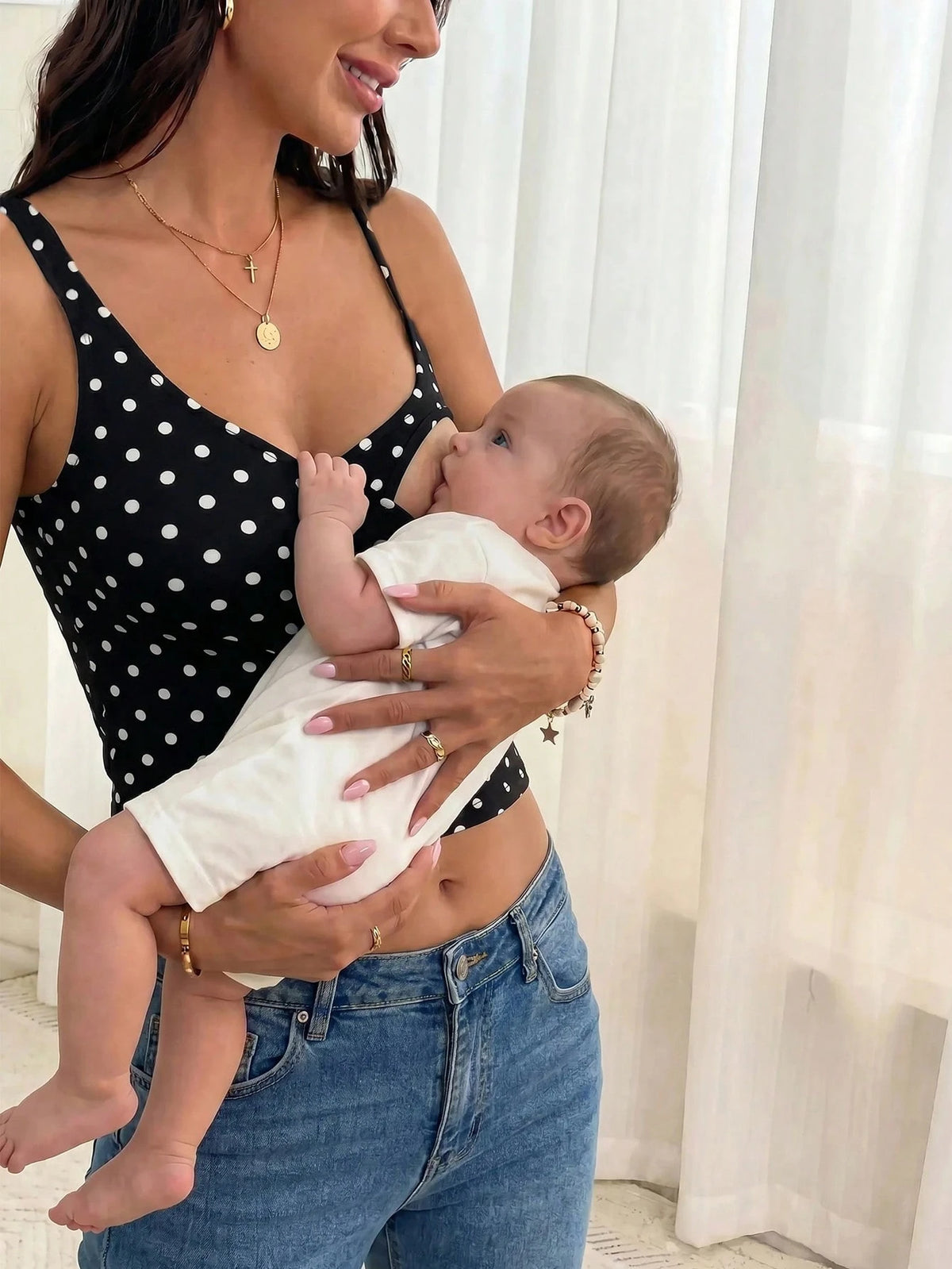 Maternity Casual Polka Dot Print Nursing Top, Summer Black Tops World Cup Sports Casual