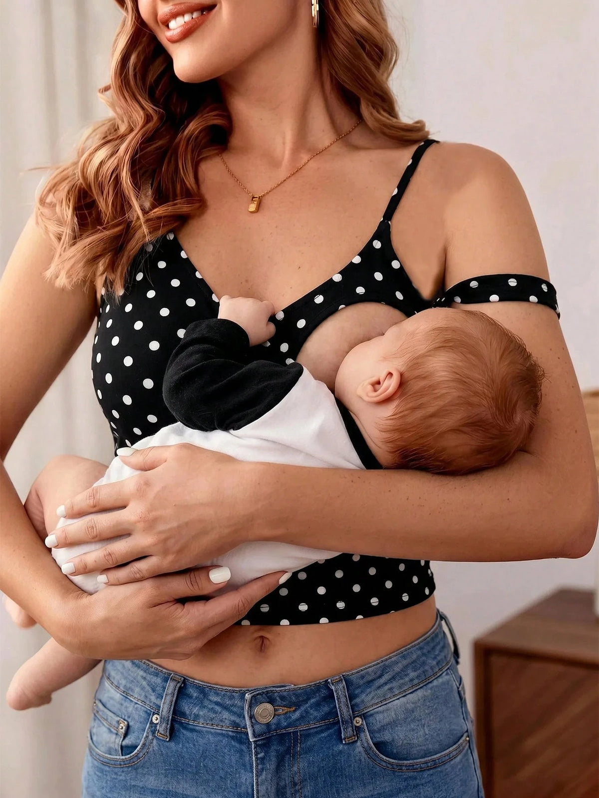 Maternity Casual Polka Dot Print Nursing Top, Summer Black Tops World Cup Sports Casual