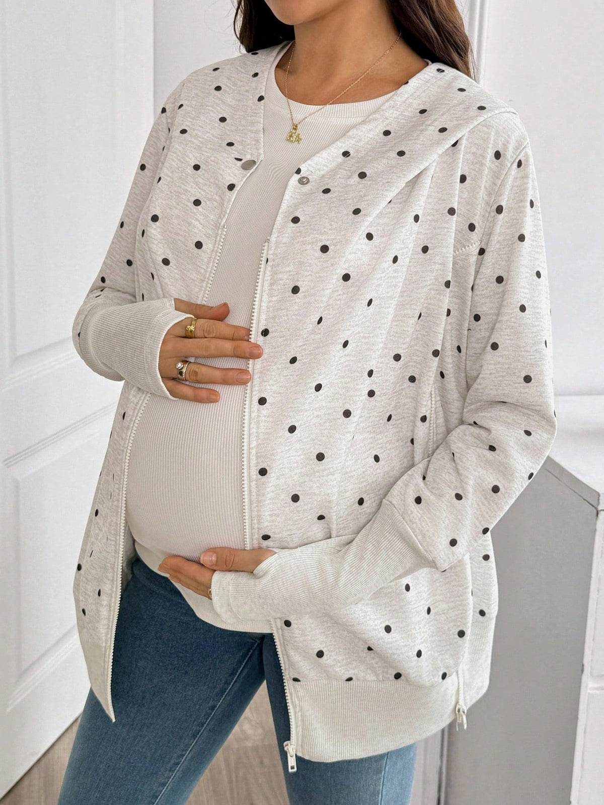 Maternity Polka Dot Pattern Zipper Front Hooded 3-In-1 Jacket Fall
