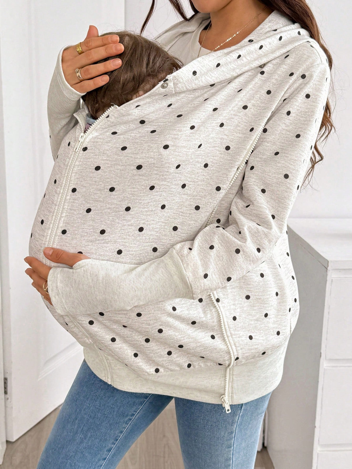 Maternity Polka Dot Pattern Zipper Front Hooded 3-In-1 Jacket Fall