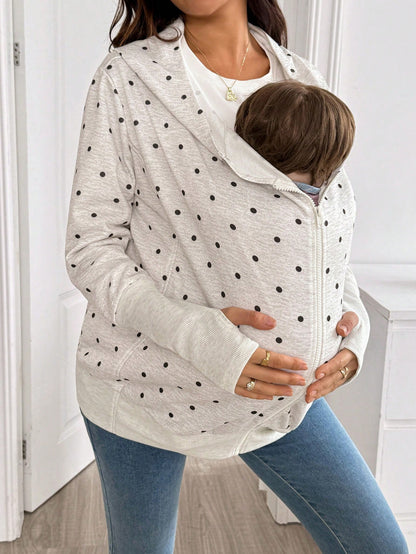 Maternity Polka Dot Pattern Zipper Front Hooded 3-In-1 Jacket Fall