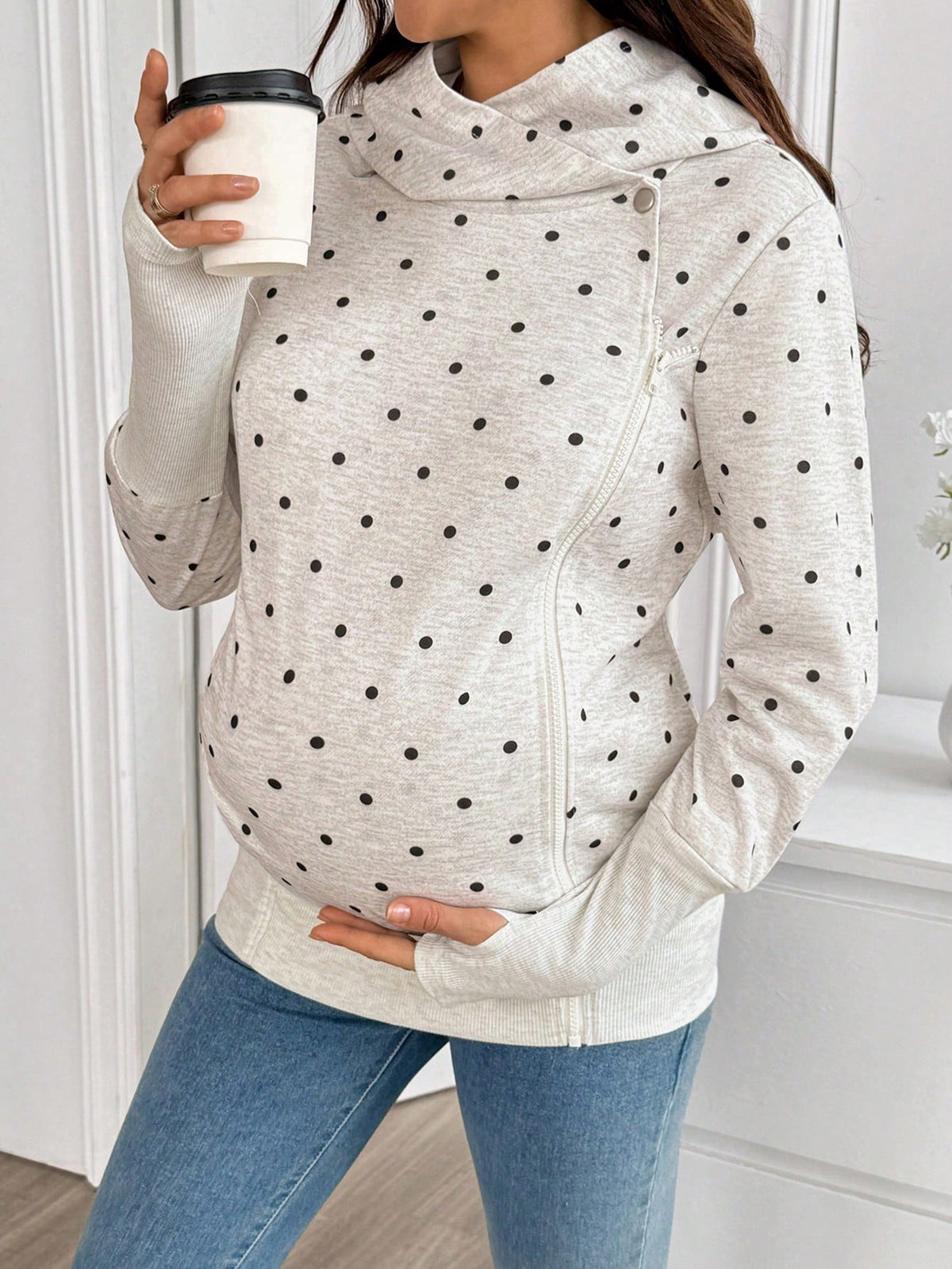Maternity Polka Dot Pattern Zipper Front Hooded 3-In-1 Jacket Fall