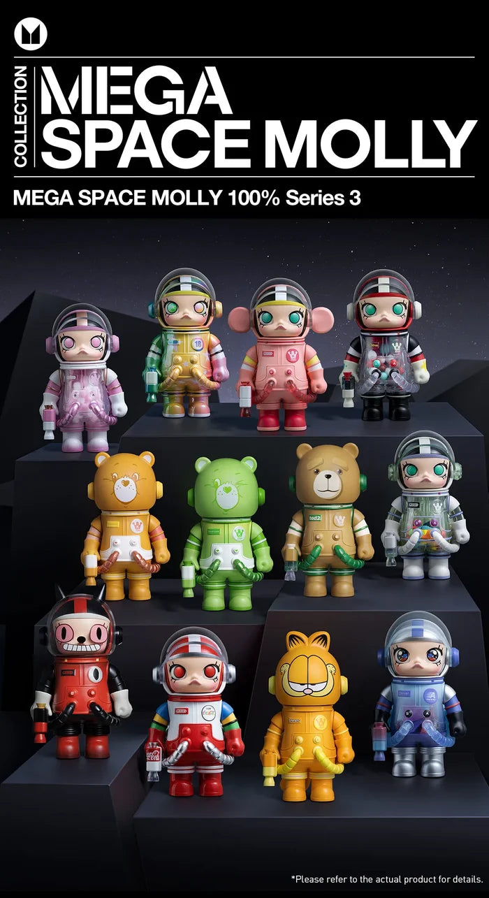 MEGA SPACE MOLLY 100% Blind Box Series 3 featuring various toy figurines, including robots and astronauts, displayed on a black platform.
