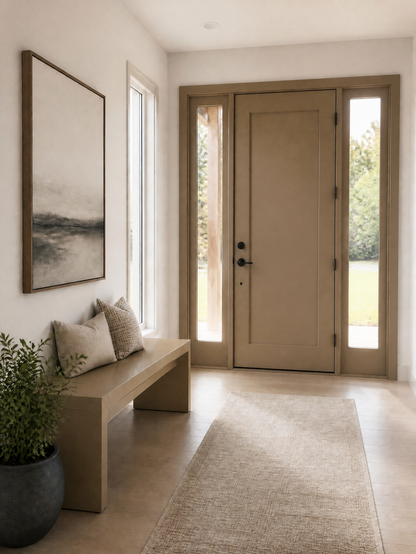 Neutral entryway with a light wood bench and front door.