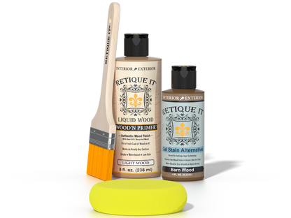 Retique It® Light Wood kit with brush, Wood’n Primer, Barn Wood stain alternative, and yellow sponge.