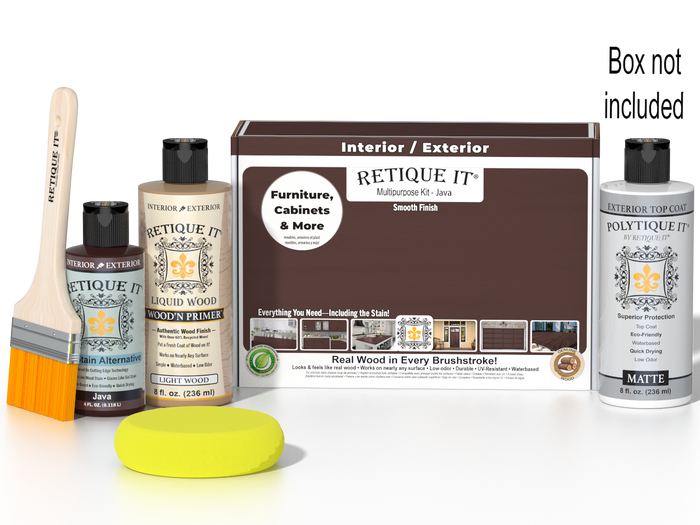 Retique It® Multipurpose Kit - Java with primer, gel stain alternative, matte topcoat, brush, sponge, and packaging.