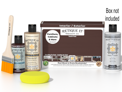 Retique It® Multipurpose Kit - Java with primer, gel stain alternative, matte topcoat, brush, sponge, and packaging.